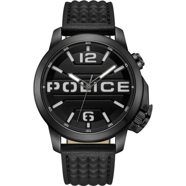 Police Automated Gents Black Dial Black Case Black Leather Strap Watch For Cheap