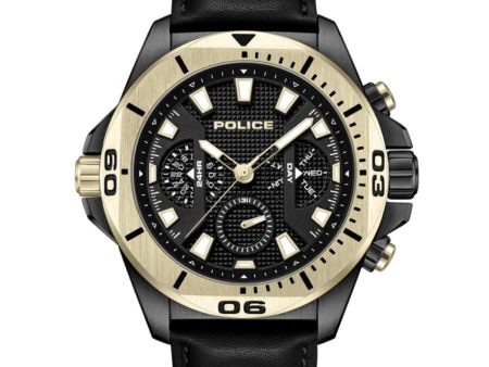 Police Electrical Gents Black Dial Black Gold Plated Case Black Leather Strap Watch Hot on Sale