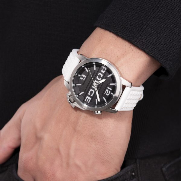 Police Automated Gents Black Dial Silver Case White Leather Strap Watch Sale