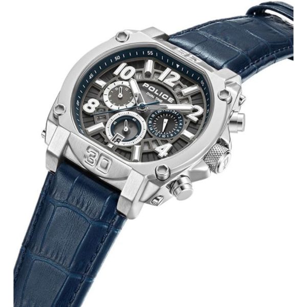 Police Norwood Gents Chronograph Charcoal Dial Silver Blue Leather Strap Watch Discount