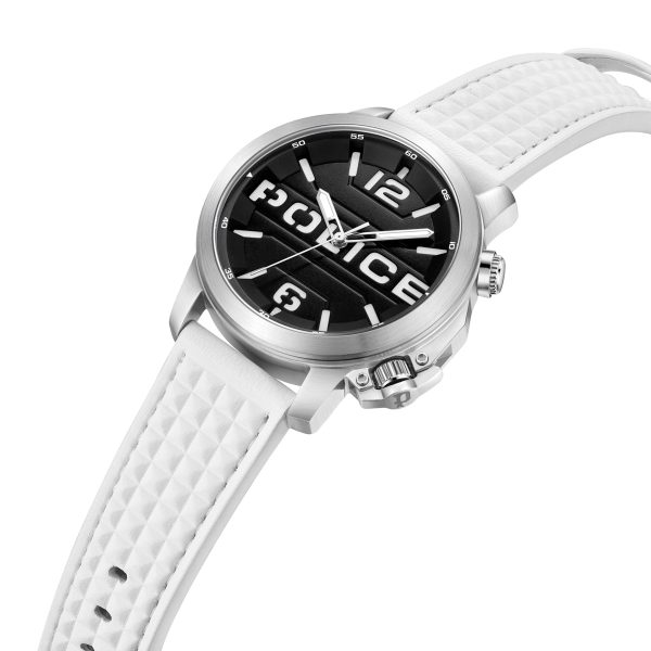 Police Automated Gents Black Dial Silver Case White Leather Strap Watch Sale