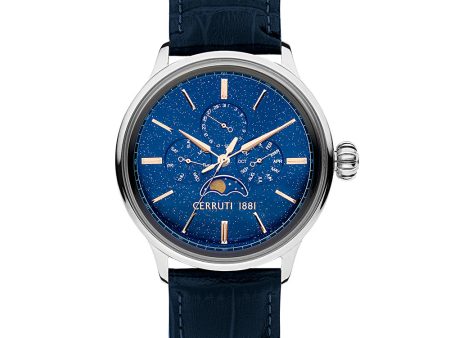 Cerruti 1881 Dervio Gents Blue Dial Silver Case Blue Leather Strap Watch with Blue Dial For Discount