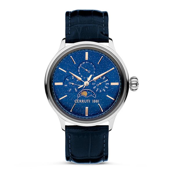 Cerruti 1881 Dervio Gents Blue Dial Silver Case Blue Leather Strap Watch with Blue Dial For Discount