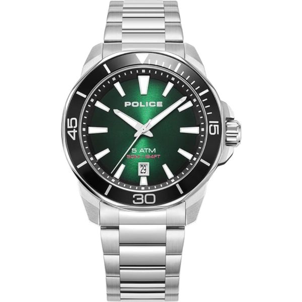 Police Thornton Gents Green Dial Stainless Steel Silver Watch Discount