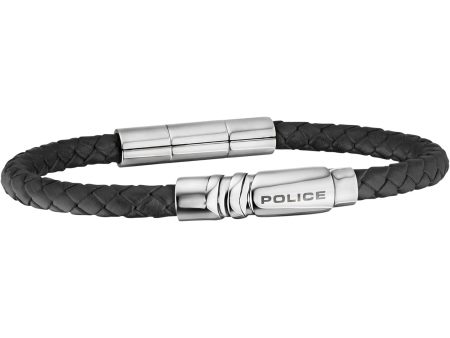 Police Round Up Gents Black Stainless Steel Bracelet with Black Leather Strap For Sale