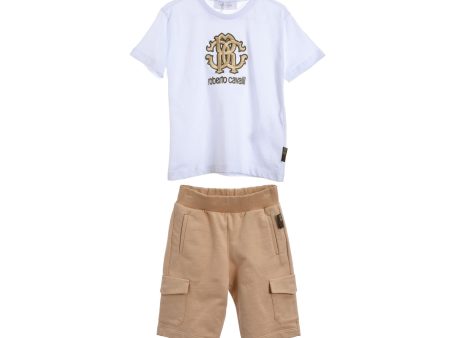 Roberto Cavalli Kids Boy s White & Beige Set of T-Shirt & Bermuda Online Sale