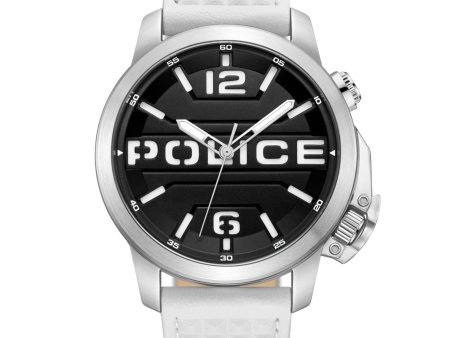 Police Automated Gents Black Dial Silver Case White Leather Strap Watch Sale