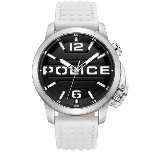 Police Automated Gents Black Dial Silver Case White Leather Strap Watch Sale