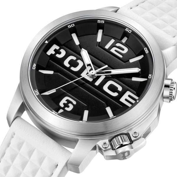 Police Automated Gents Black Dial Silver Case White Leather Strap Watch Sale