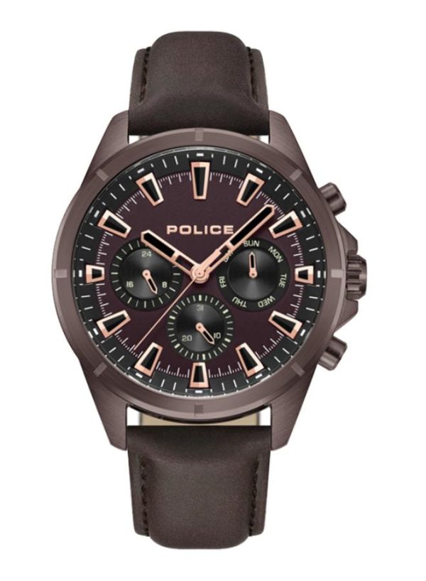 Police Malawi Gents Brown Dial Stainless Steel IP Burgundy Case Brown Leather Strap Watch Online Sale