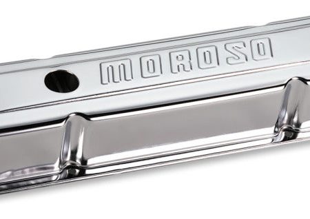 Moroso Chevrolet Small Block Valve Cover - w Baffle - Stock Height - Stamped Steel Chrome Plated Online Hot Sale