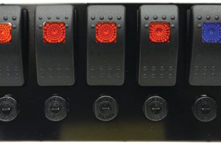 Moroso Rocker Switch Panel - Flat Surface Mount - LED w USB - 3.388in x 9.15in -Five On Off Switches For Discount